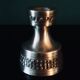 Pair of white pewter candlesticks decorated with bas-relief. "Perletin". Norway 1960