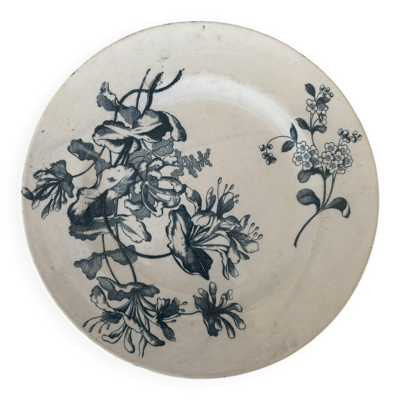 Assiette plate terre de fer sarreguemines fleur bleu- faïence ancienne