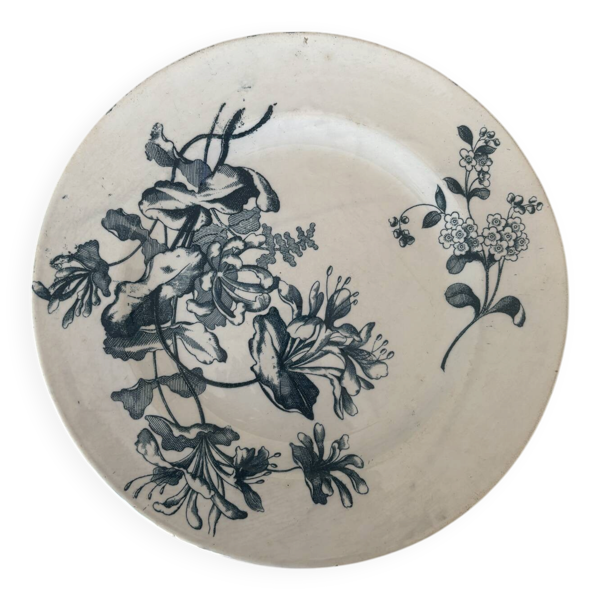Assiette plate terre de fer sarreguemines fleur bleu- faïence ancienne