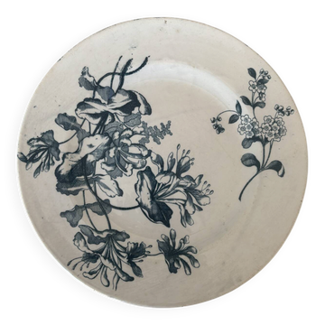 Flat plate, ironstone, Sarreguemines, blue flower - antique earthenware.