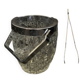 Ice bucket 13cm molded and chiseled glass 1970 and Rösle ice cube tongs