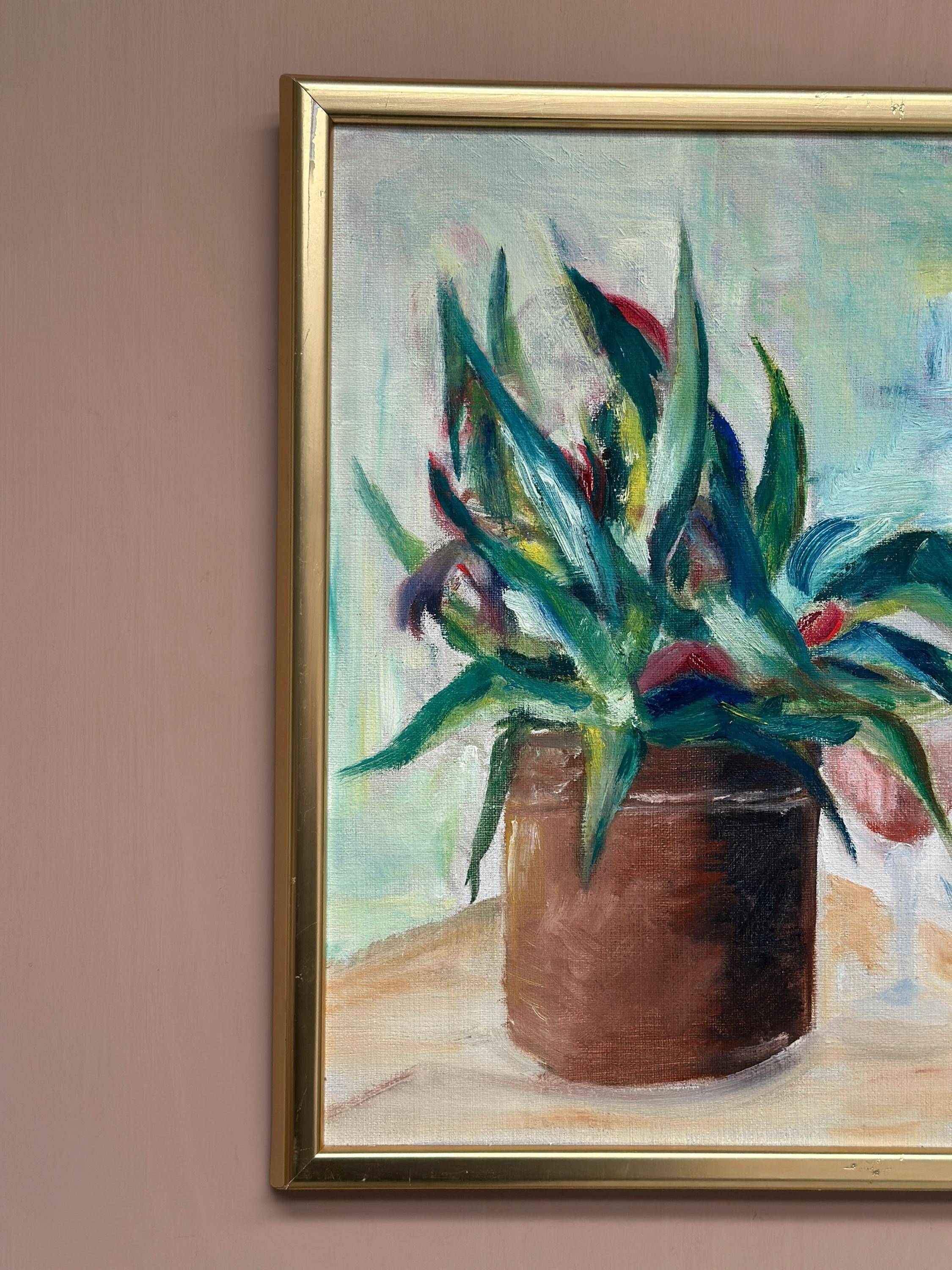 Original Swedish Oil On Canvas – “Vase With Plant” – Vintage & Framed – 34 × 45 Cm