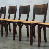 Suite of 6 chairs brutalist style straw and solid oak