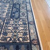 Handcrafted oriental blue and white rug Tunisia vintage fringes