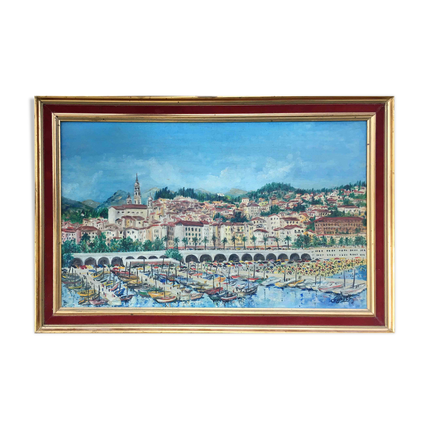 Painting port de Menton by Jacques Cuffaut, mid-twentieth century with frame