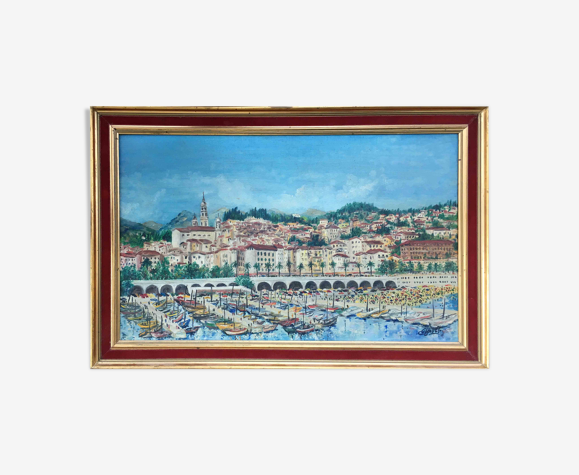 Tableau port de Menton par Jacques Cuffaut, milieu XX° siècle avec cadre