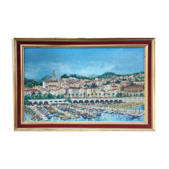 Painting port de Menton by Jacques Cuffaut, mid-twentieth century with frame