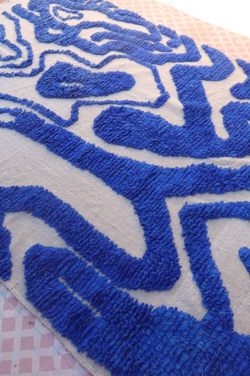 Klein blue and white Berber rug with abstract relief