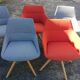 Set of 5 inclass armchairs in fabric and wood – coral red and grey