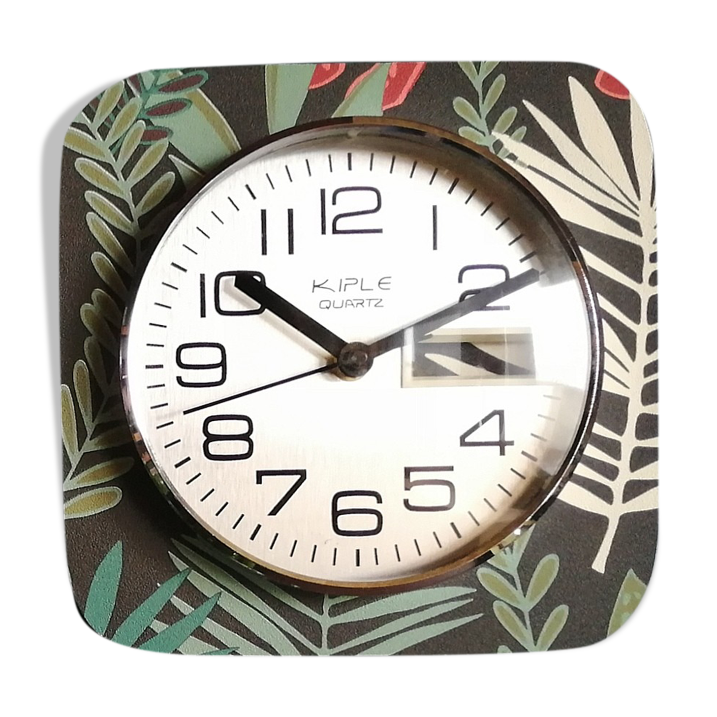 Vintage formica square silent wall clock "Kiplé black green red"