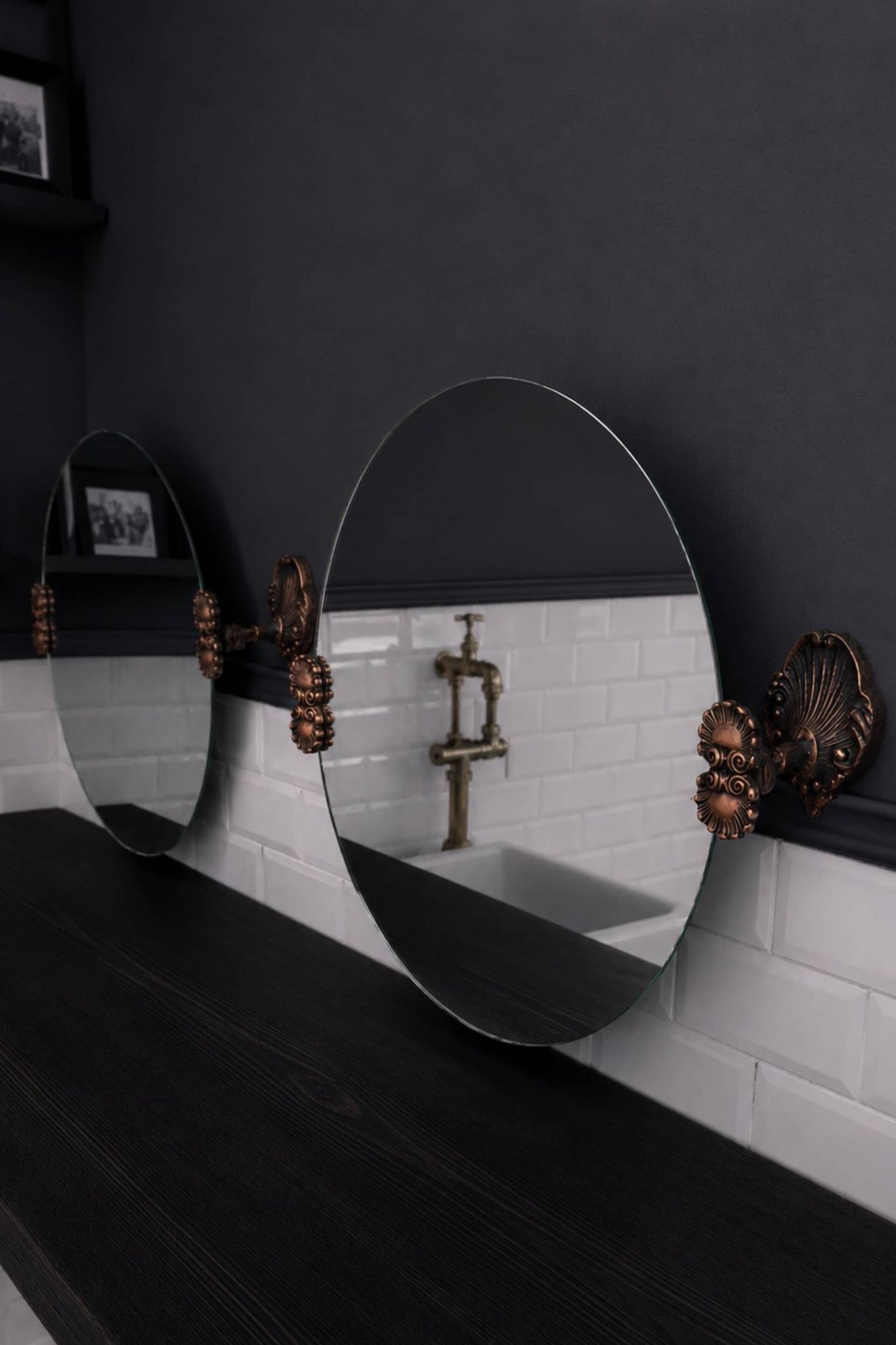 2 round mirrors made of copper alloy, 1940s-1950s
