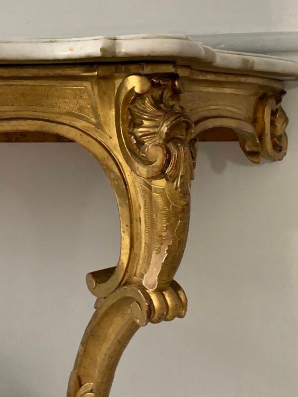 Console style louis xv, bois dorée et marbre, xixème siècle