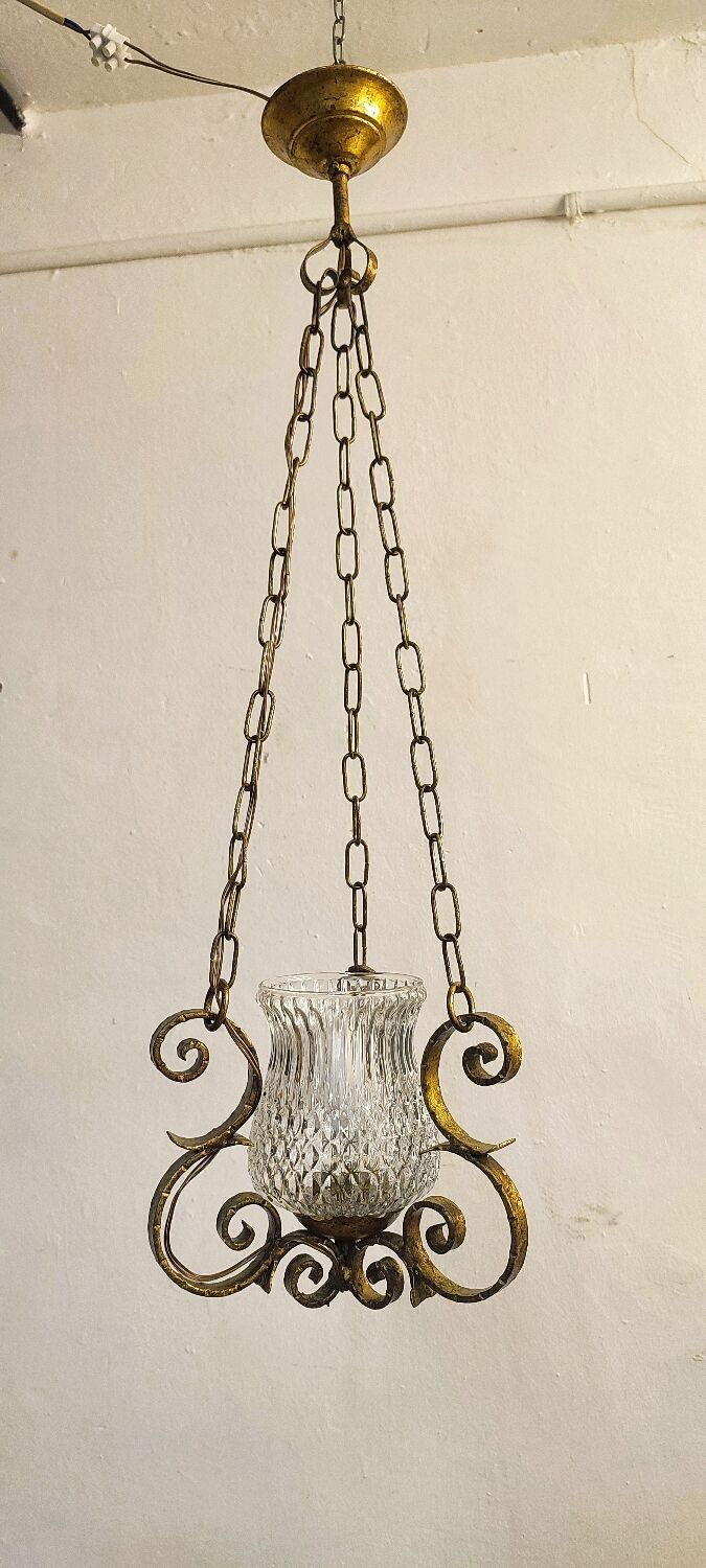 Ceiling lamp wrought iron and glass Spain, 1970s
