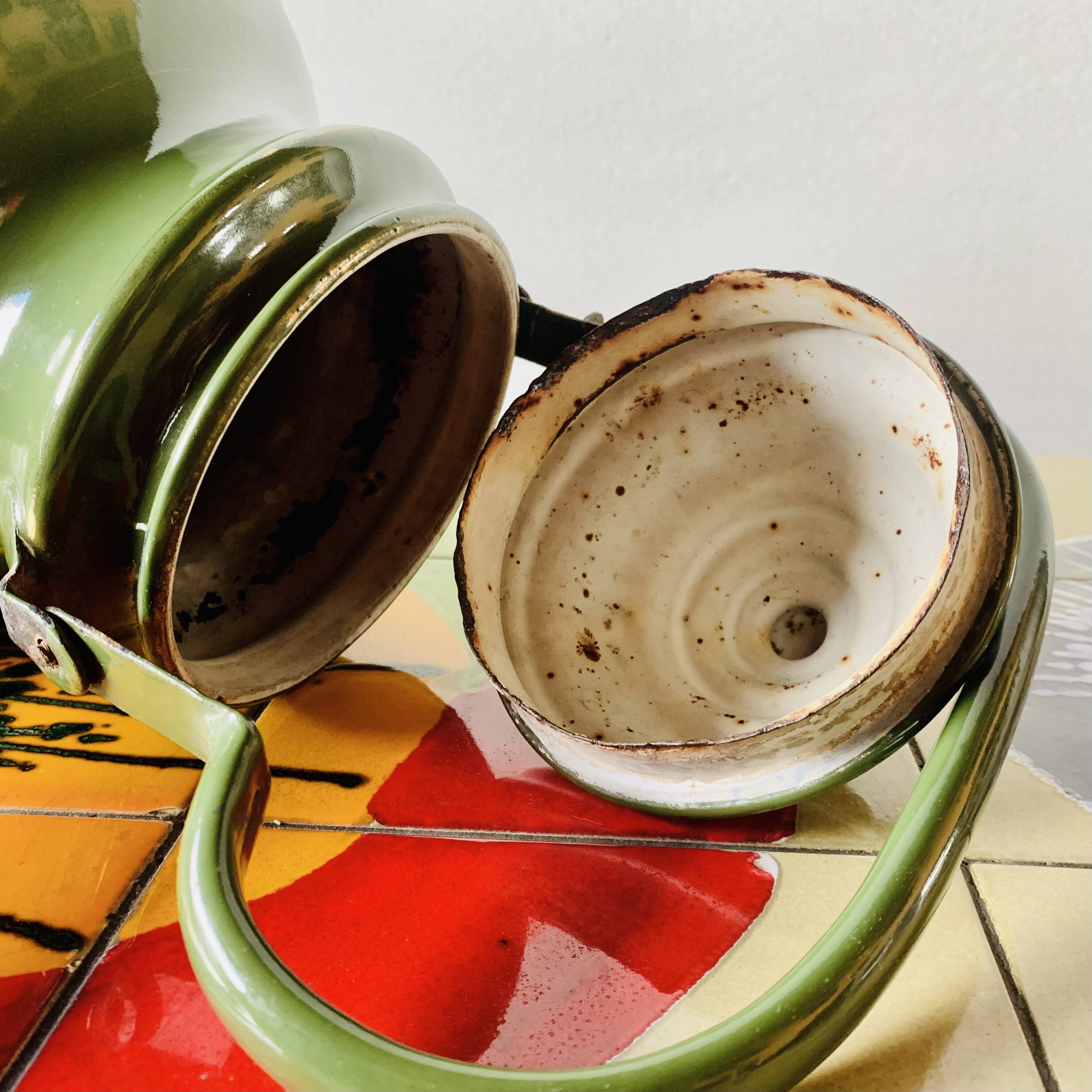 Vintage green enameled sheet metal kettle