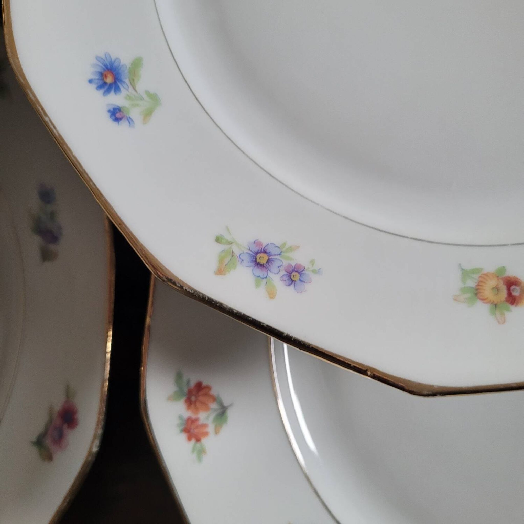Set of 8 porcelain plates with twelve cut sides - floral decoration and