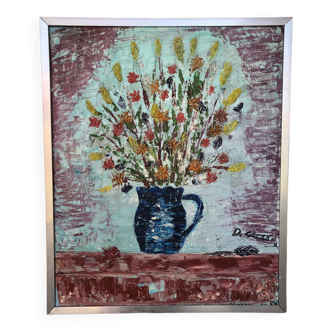 Tableau huile sur toile d cherou vase de fleurs