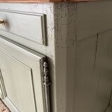 Pastel green low buffet, raw wood tray