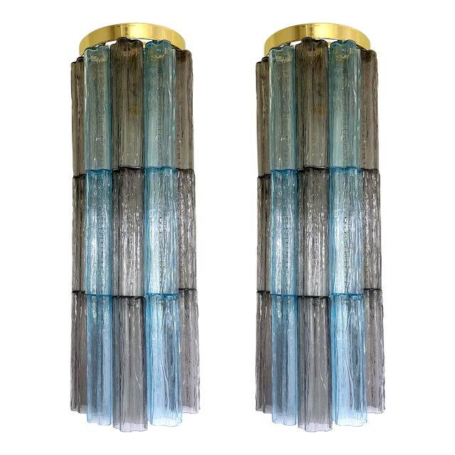 Set of 2 contemporary grey and light-blue "tronchi" murano glass wall sconce