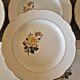 6 Gien Gardanne dinner plates, pink and yellow, with gold trim