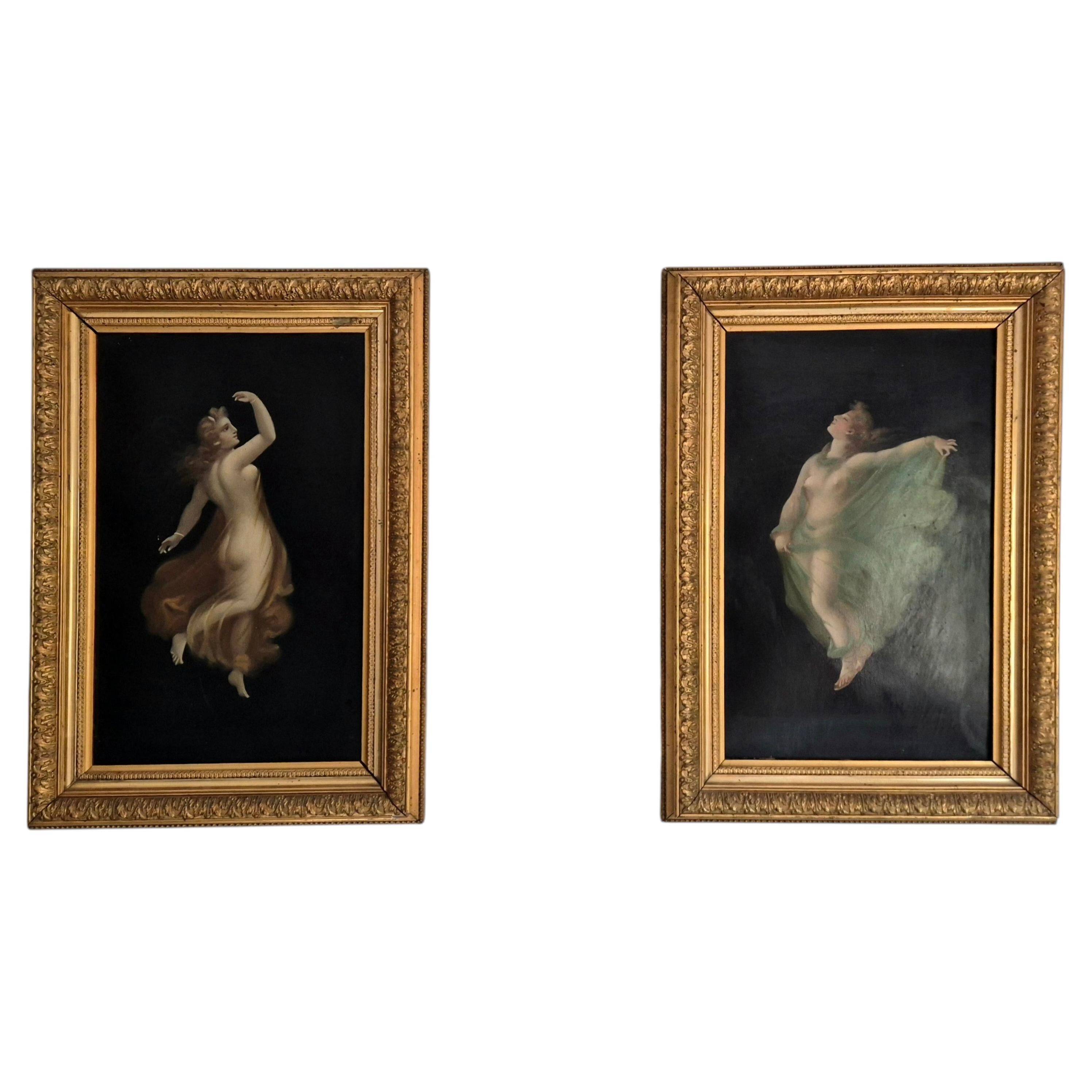 Pair of oil paintings in the neoclassical style depicting dancing nymphs dressed in transparent gowns, dating from the mid-19th century.