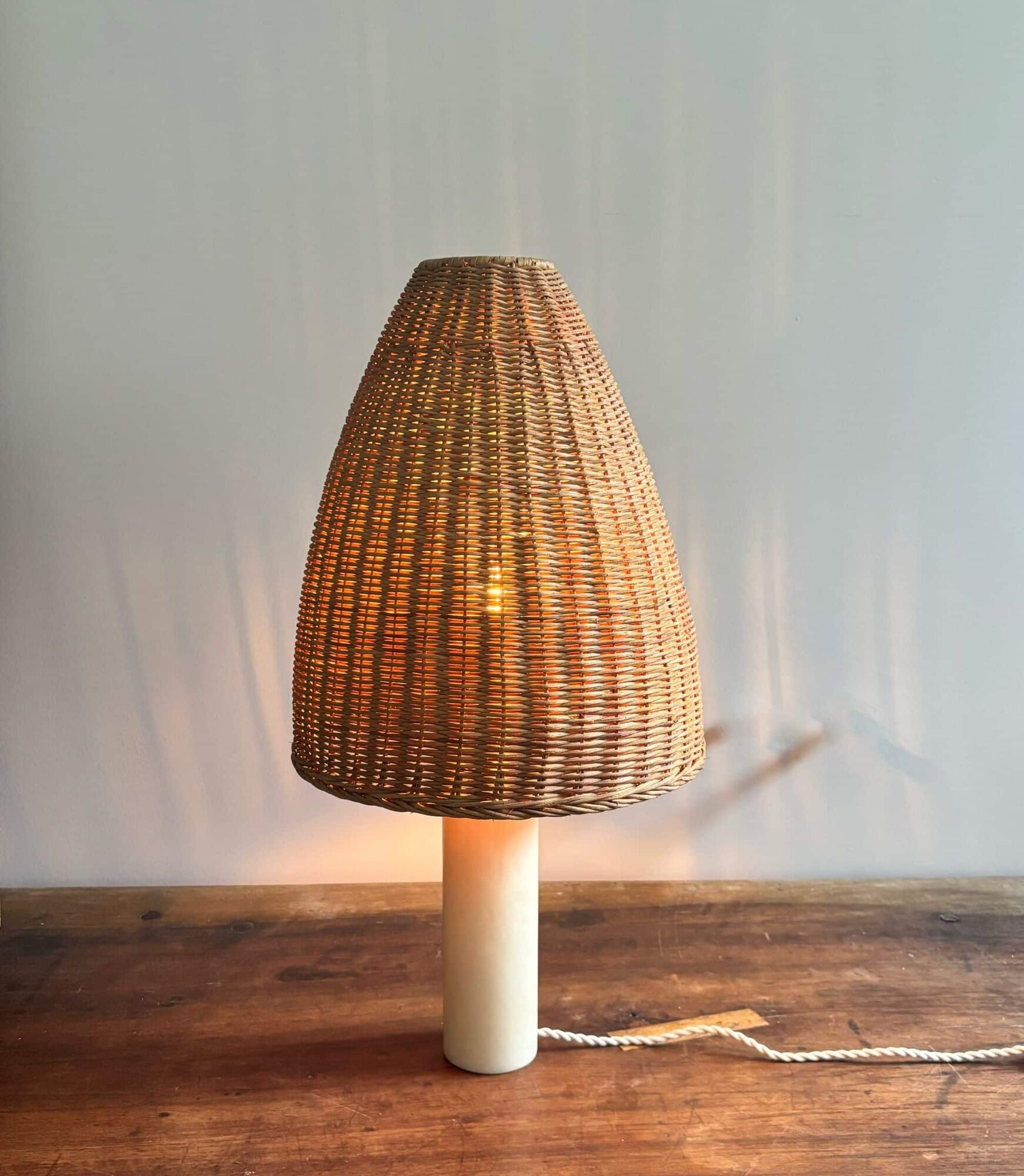 Vintage alabaster table lamp, soft yellow/cream, wicker shade