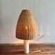 Vintage alabaster table lamp, soft yellow/cream, wicker shade