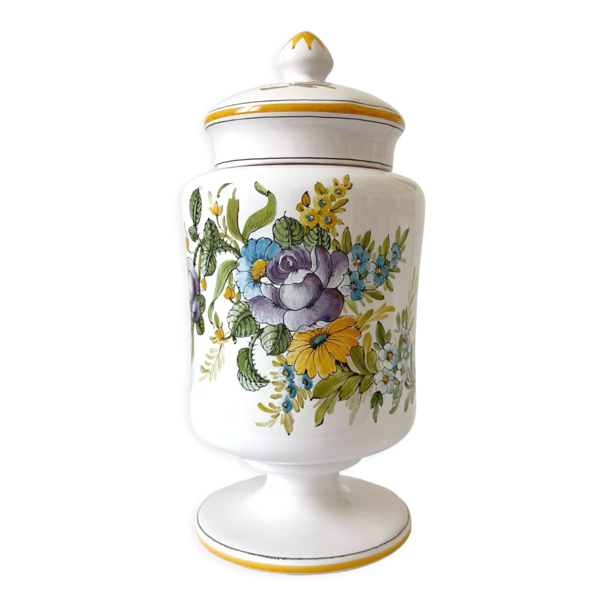 Apothecary pot Rhubarbe signed Lallier earthenware of art of Moustiers