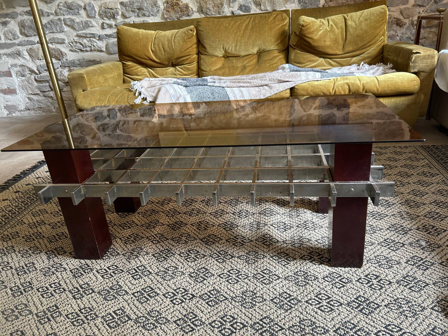 Mid Century 60s 70s glass wood and chrome coffee table