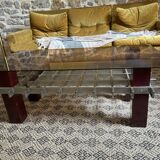 Mid Century 60s 70s glass wood and chrome coffee table