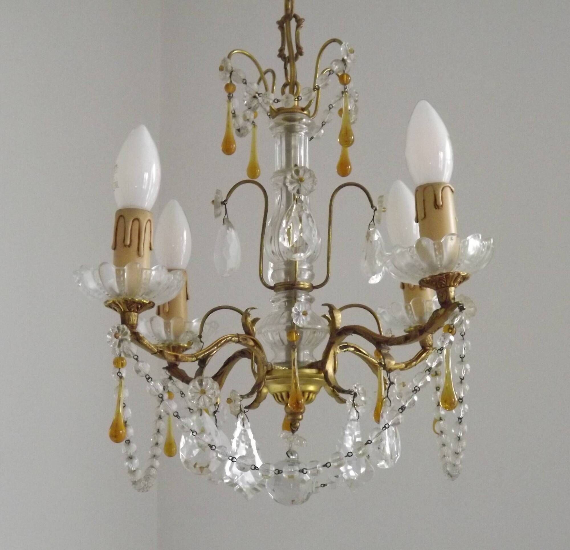 Vintage 4-Light Bronze, Glass & Crystal Chandelier with Amber Glass Drops