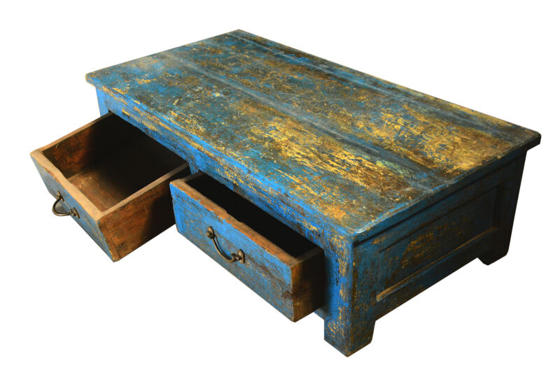 Table basse bleue 2 tiroirs massive ancien bois teck