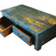 Table basse bleue 2 tiroirs massive ancien bois teck