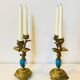19th century candle holders in gilded bronze and porcelain