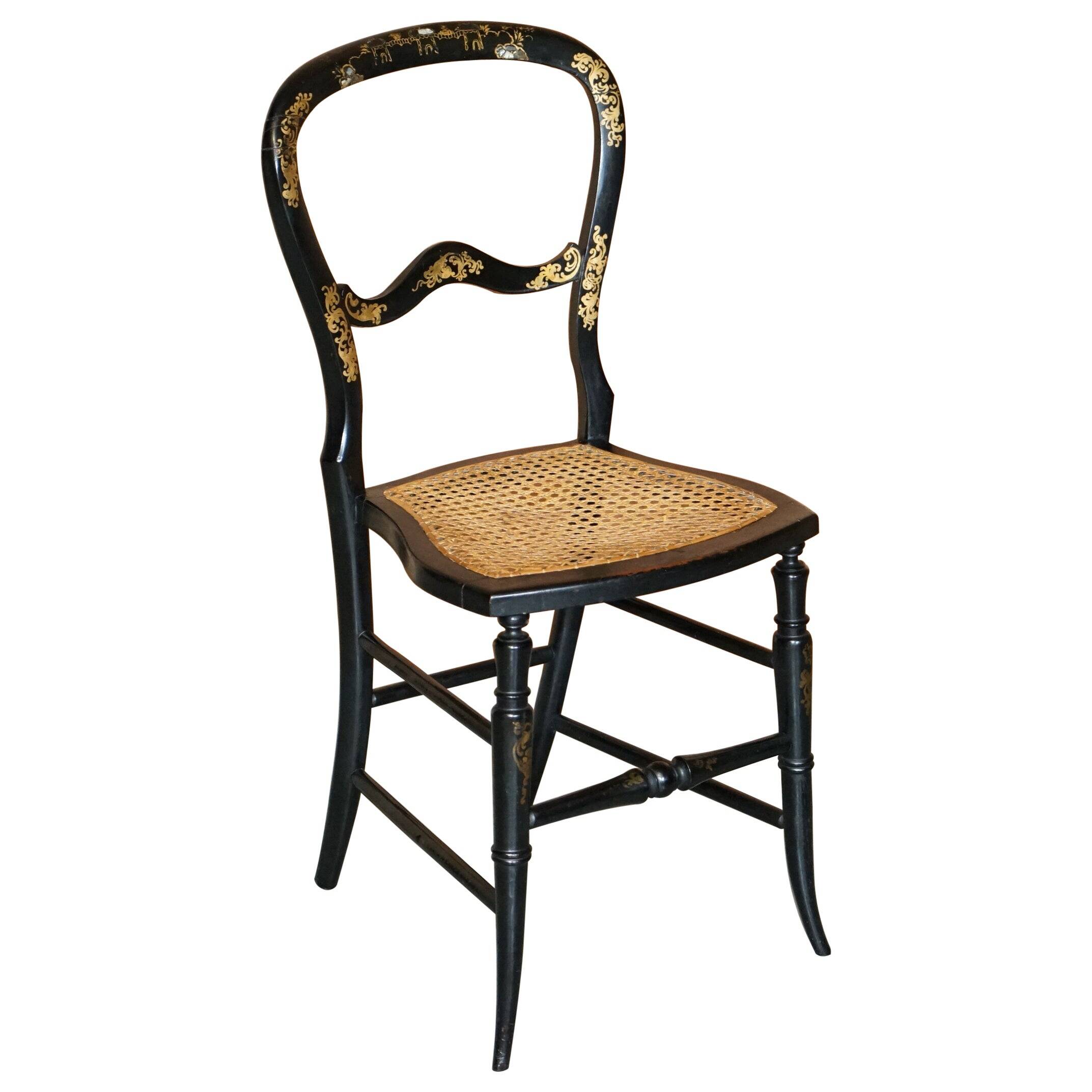 Regency Chair in Ebonised Wood and Gold Leaf Inlaid with Mother of Pearl circa 1815