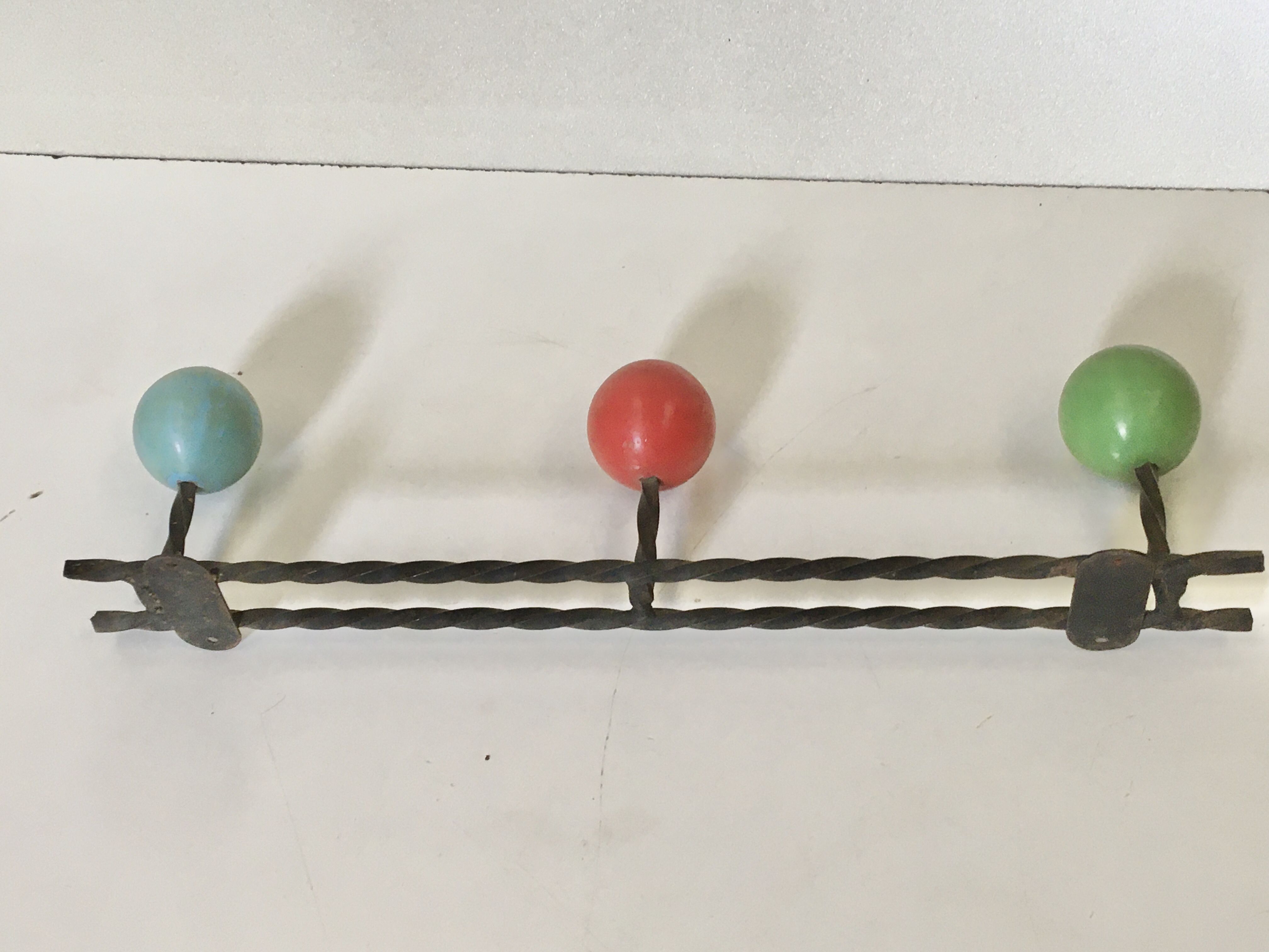 Vintage wrought iron wall coat rack 3 blue, red and green wooden balls hooks