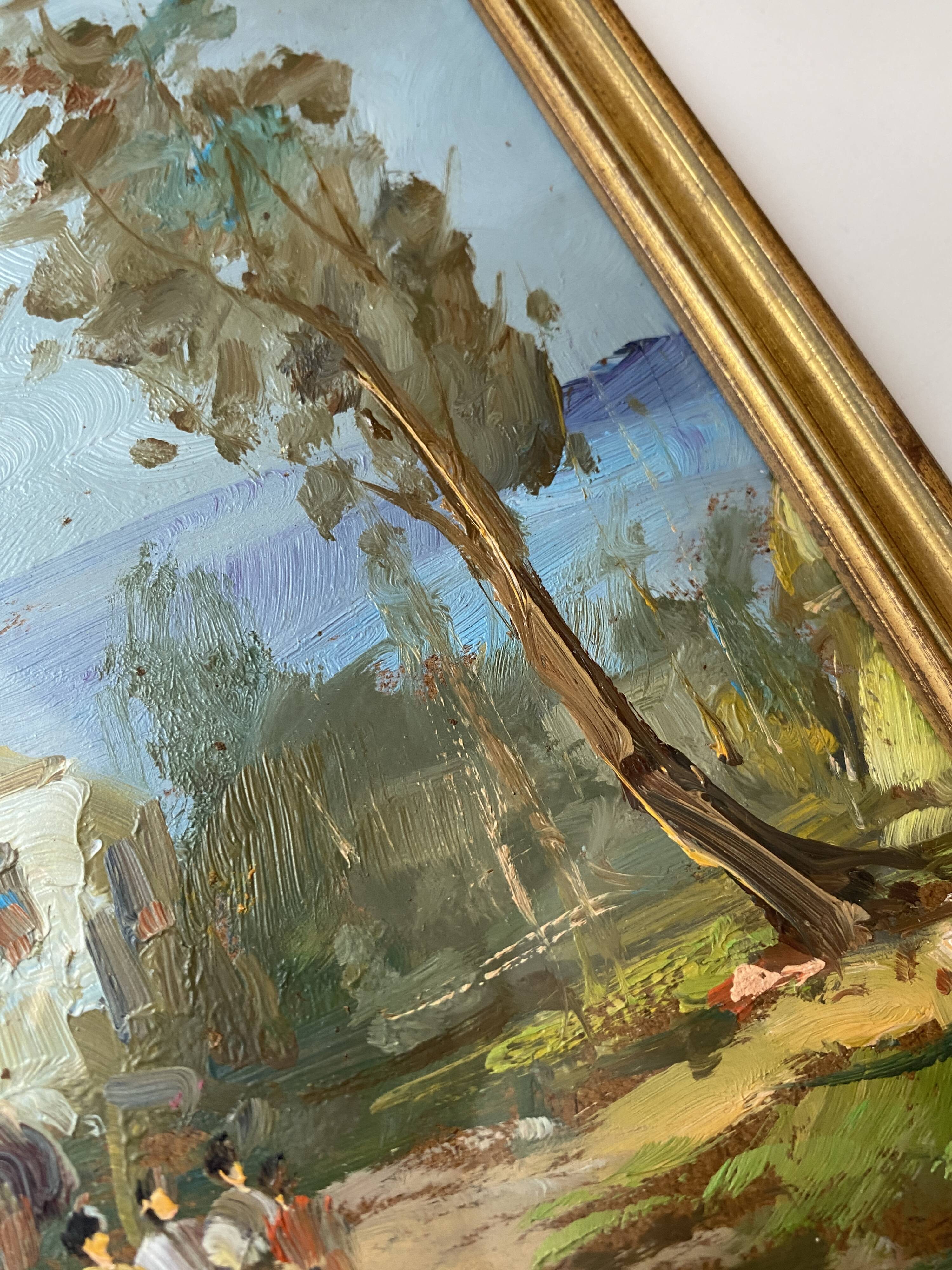 Huile 1950 mise sous verr, cadre bois doré