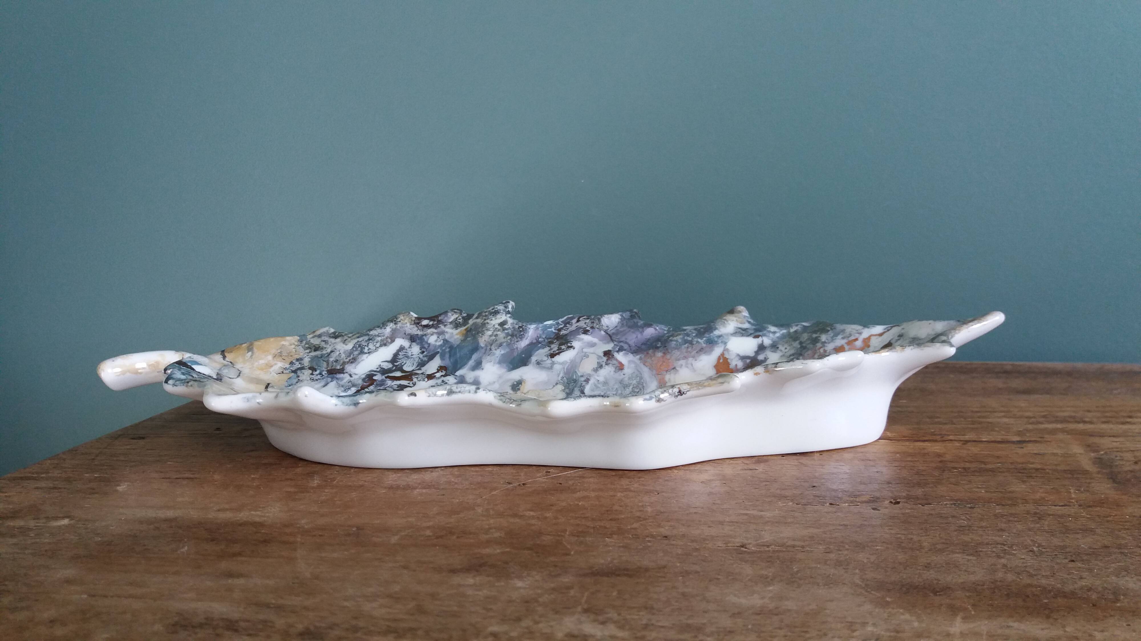 Iridescent enamelled leaf catchall, signed Gfredy.