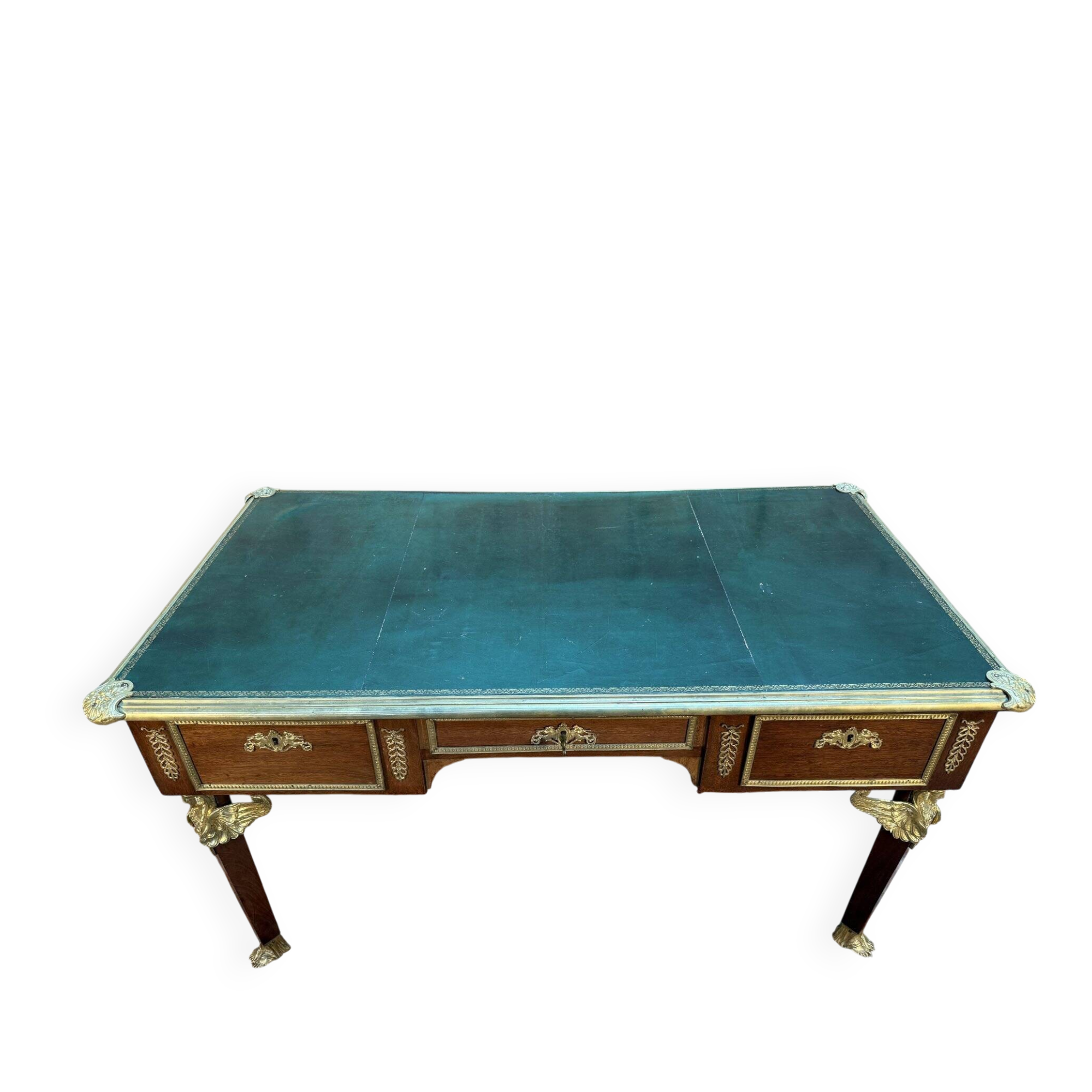 Empire style double-layered desk in mahogany and green leather