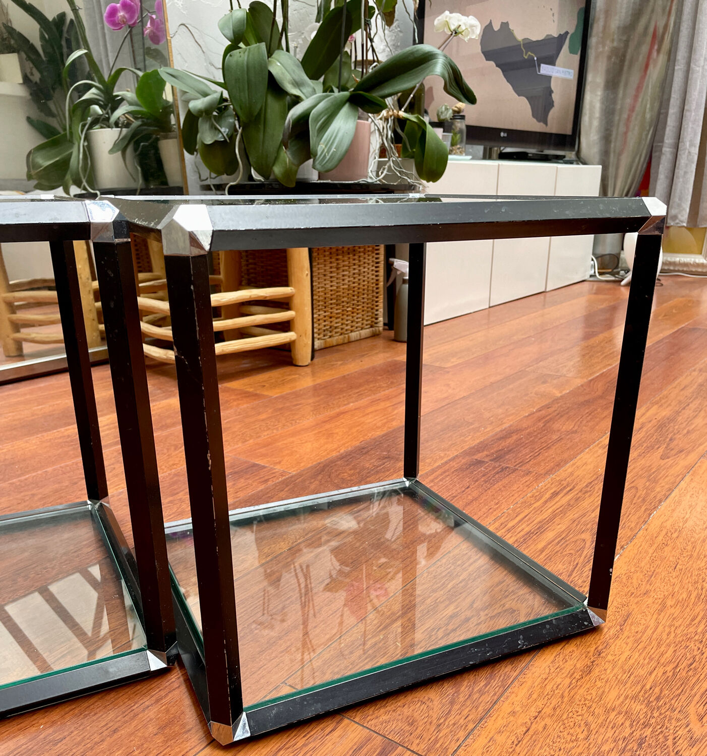 Glass and metal side tables