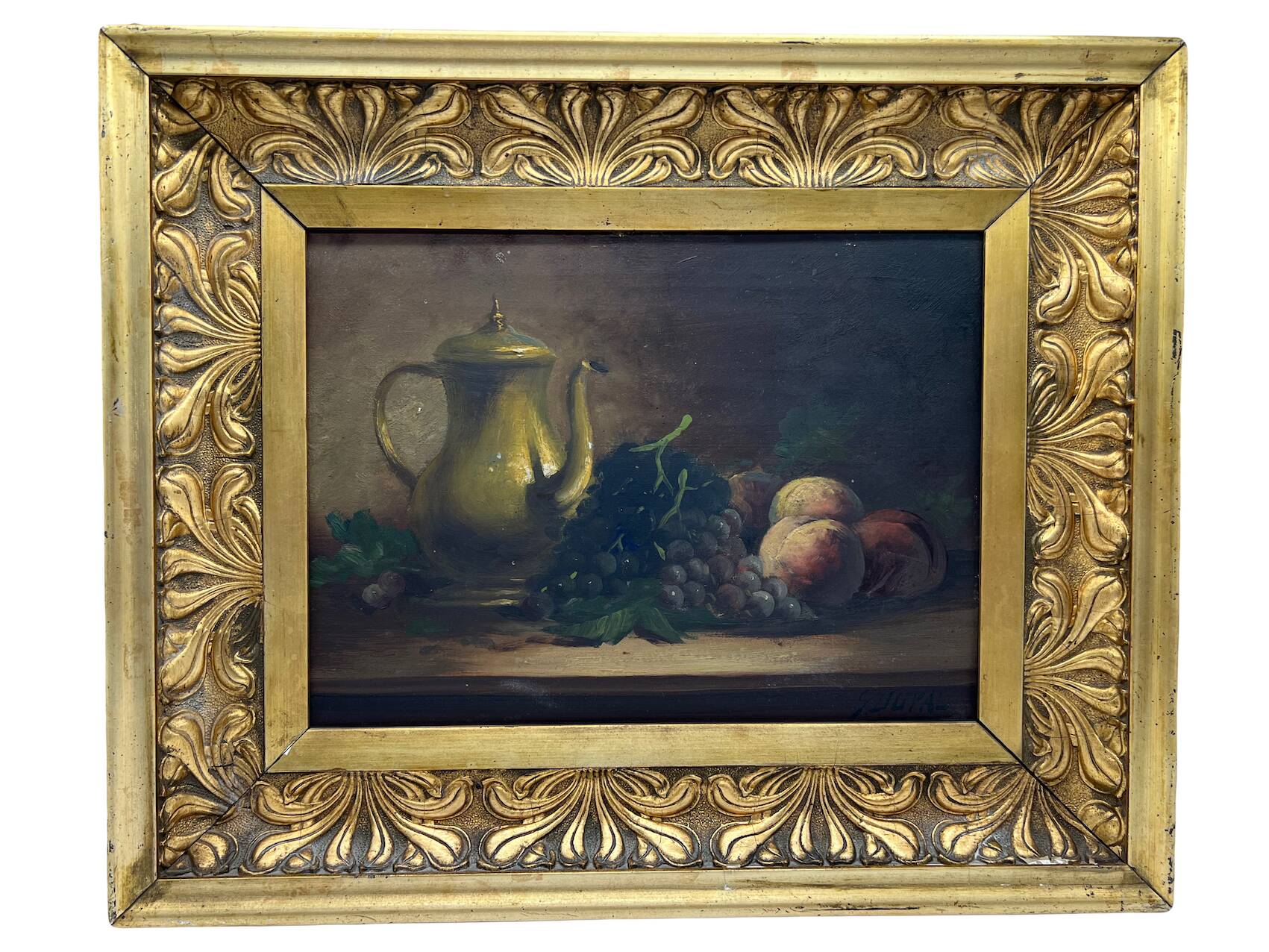 Still life painting with fruit and teapot