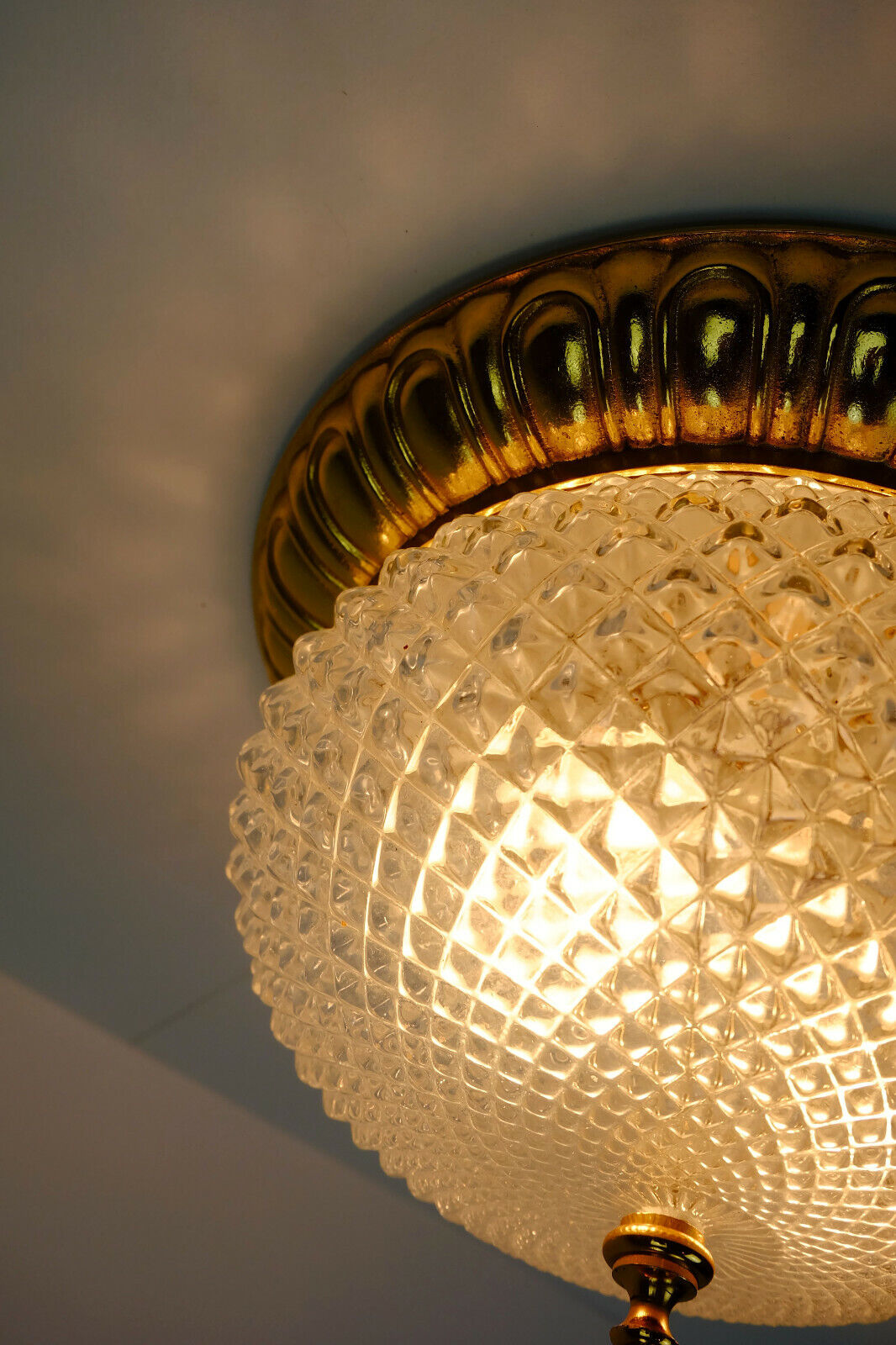 Vintage soelken ceiling lamp textured glass and gilt aluminum 1970s - 2 available
