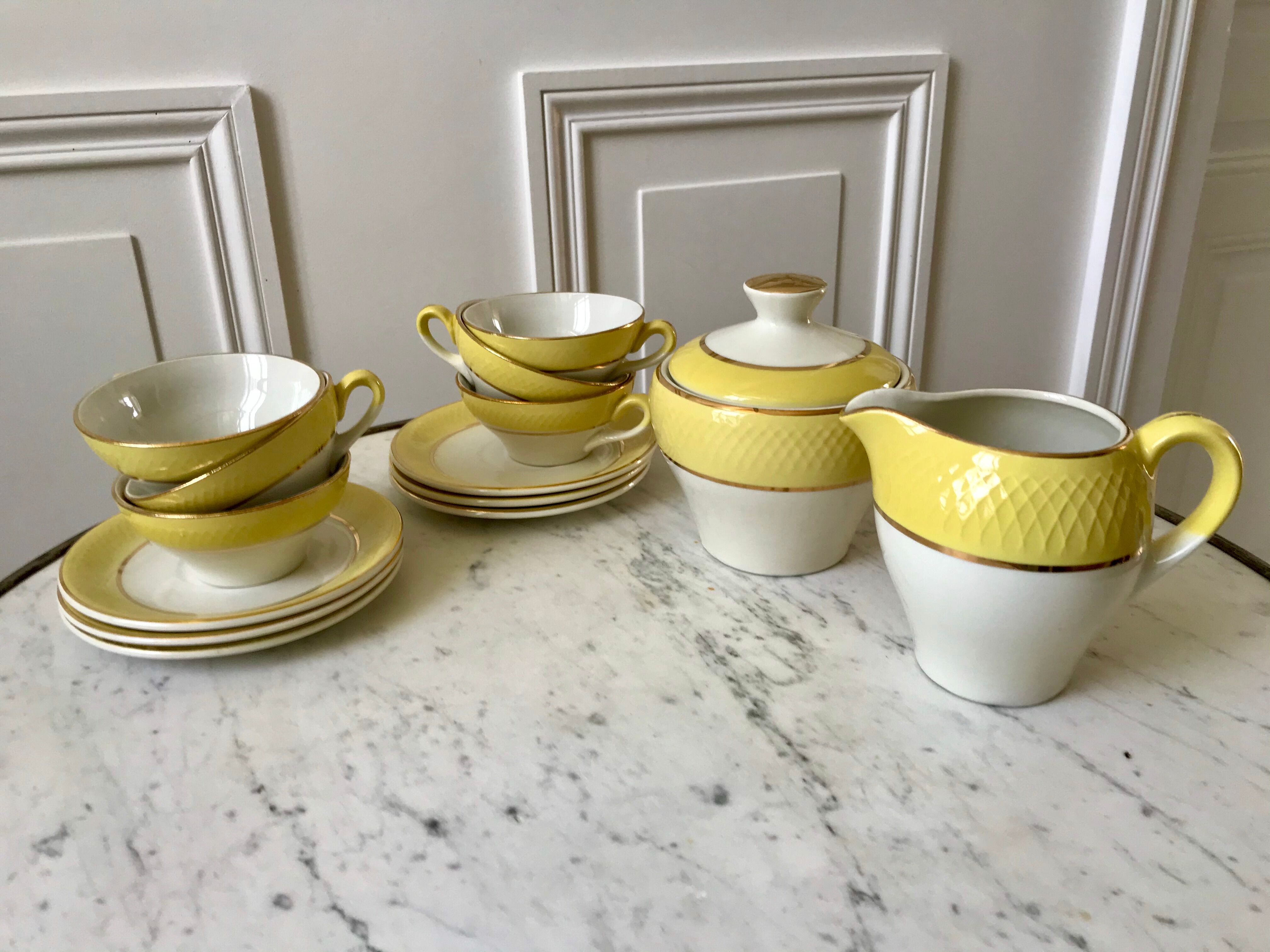 coffee set 6 cups, milk jug and sugar bowl Moulin des Loups textured yellow 50s