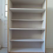 Vintage oak veneer bookcase, pearl gray interior, metal legs