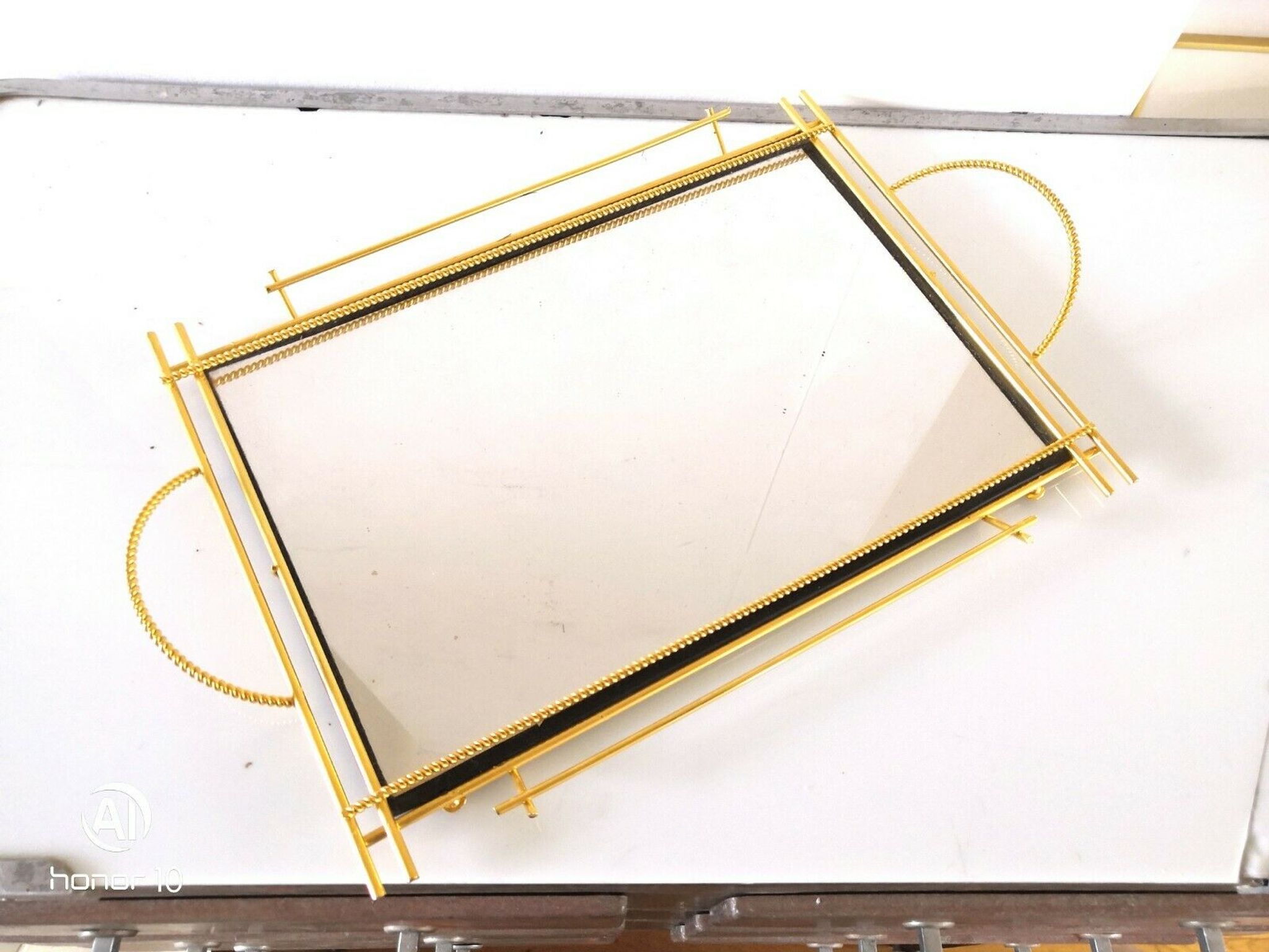 Plateau miroir acier doré design années 50-60