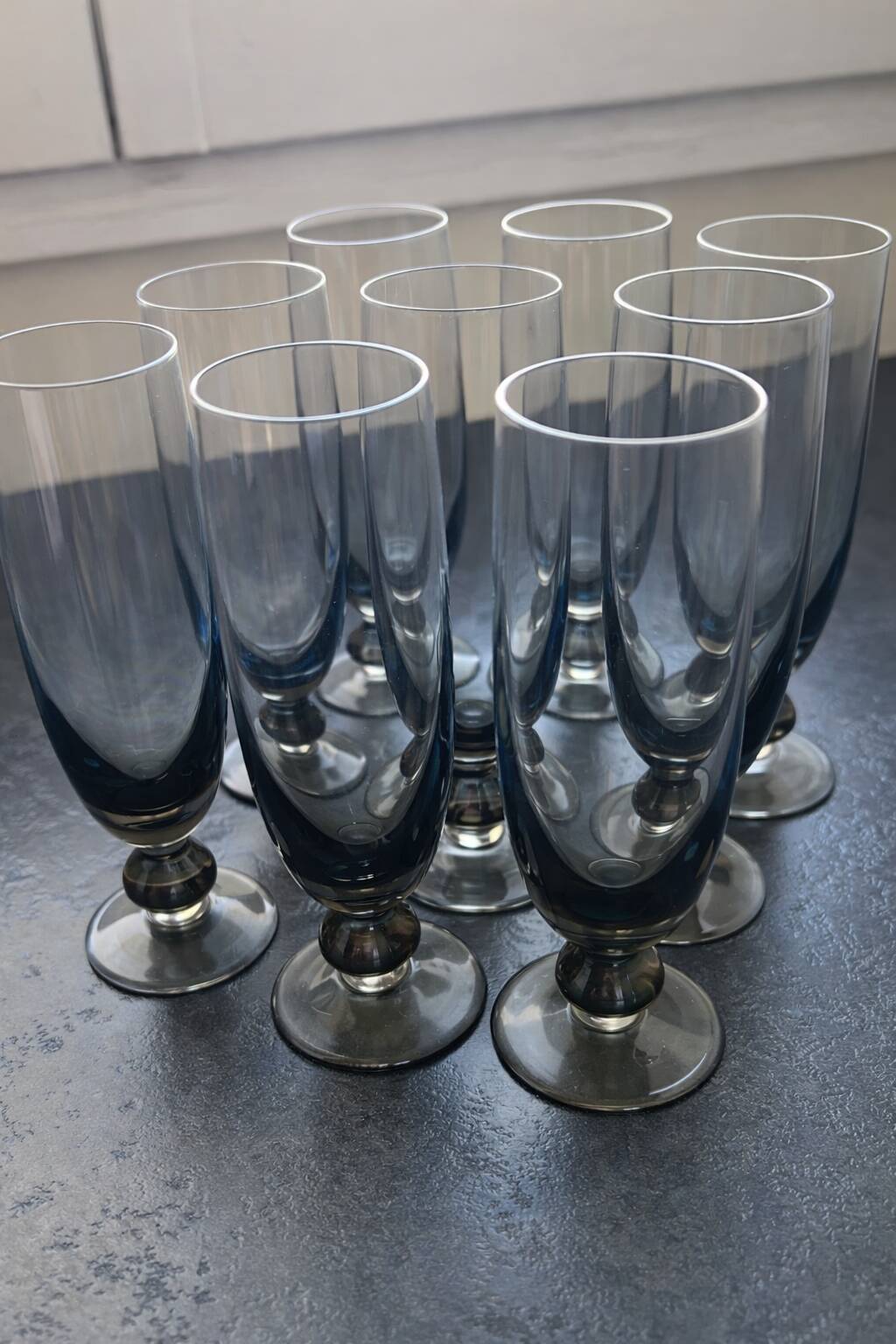 Set of 9 vintage champagne flutes (tinted glass)