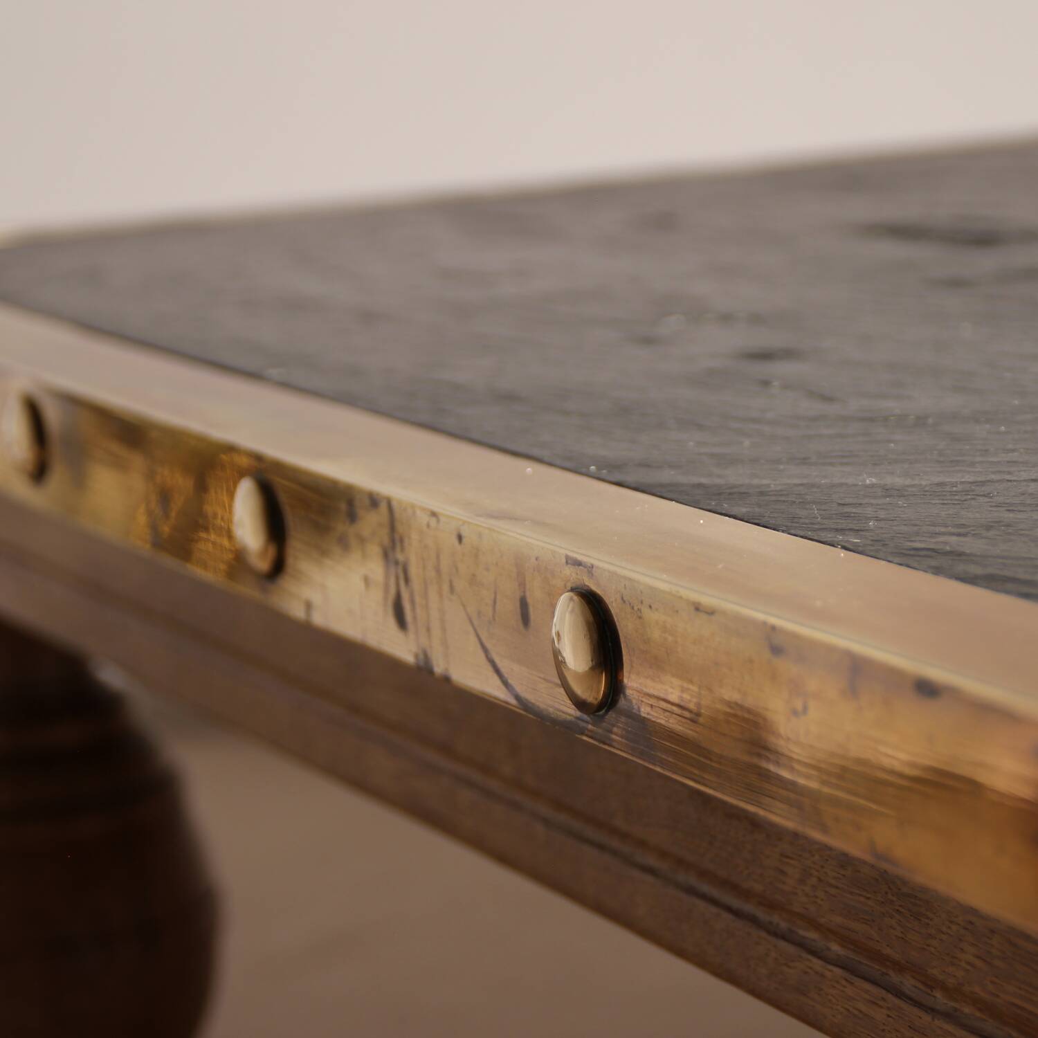 Rustic Coffee Table in Slate, Brass and Solid Oak | Germany 1970s