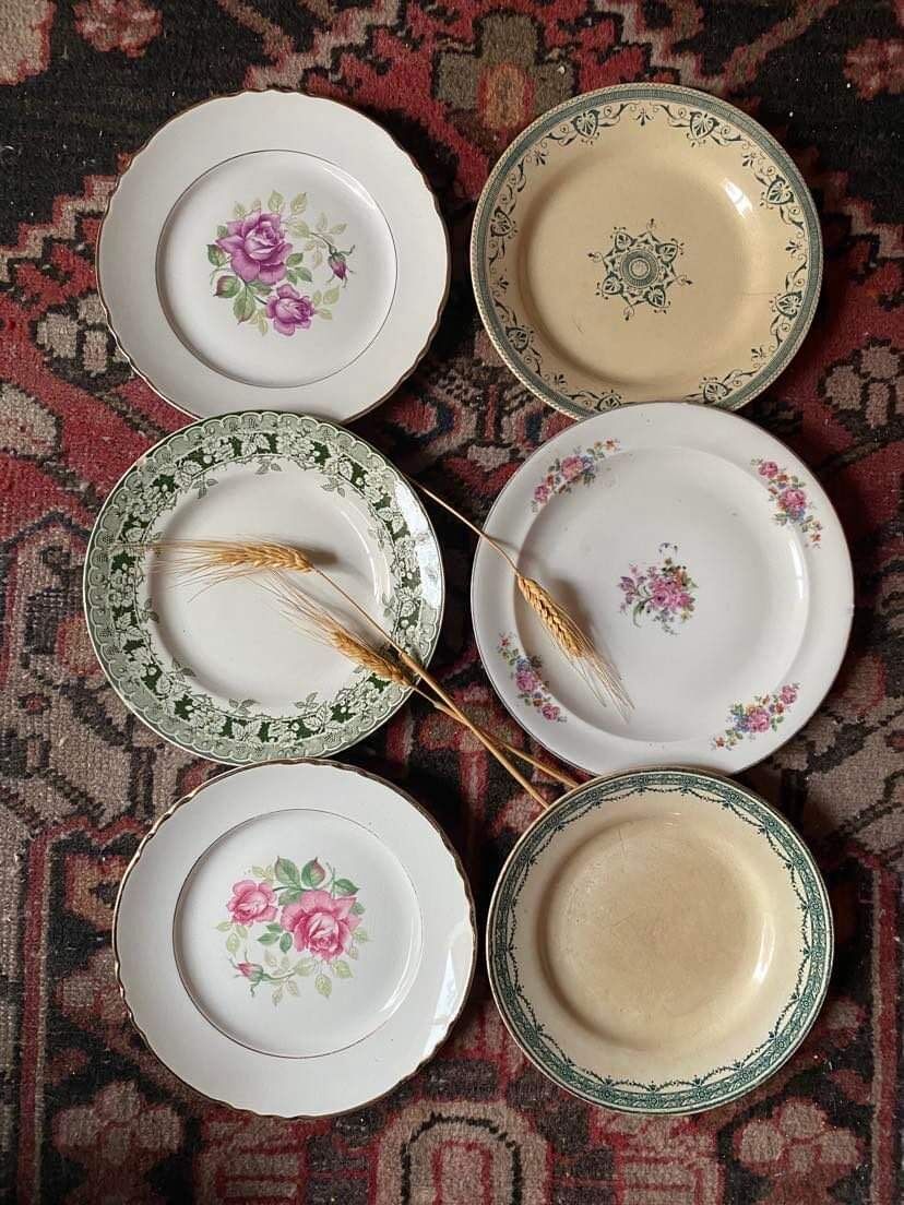 6 flat plates old floral assorted