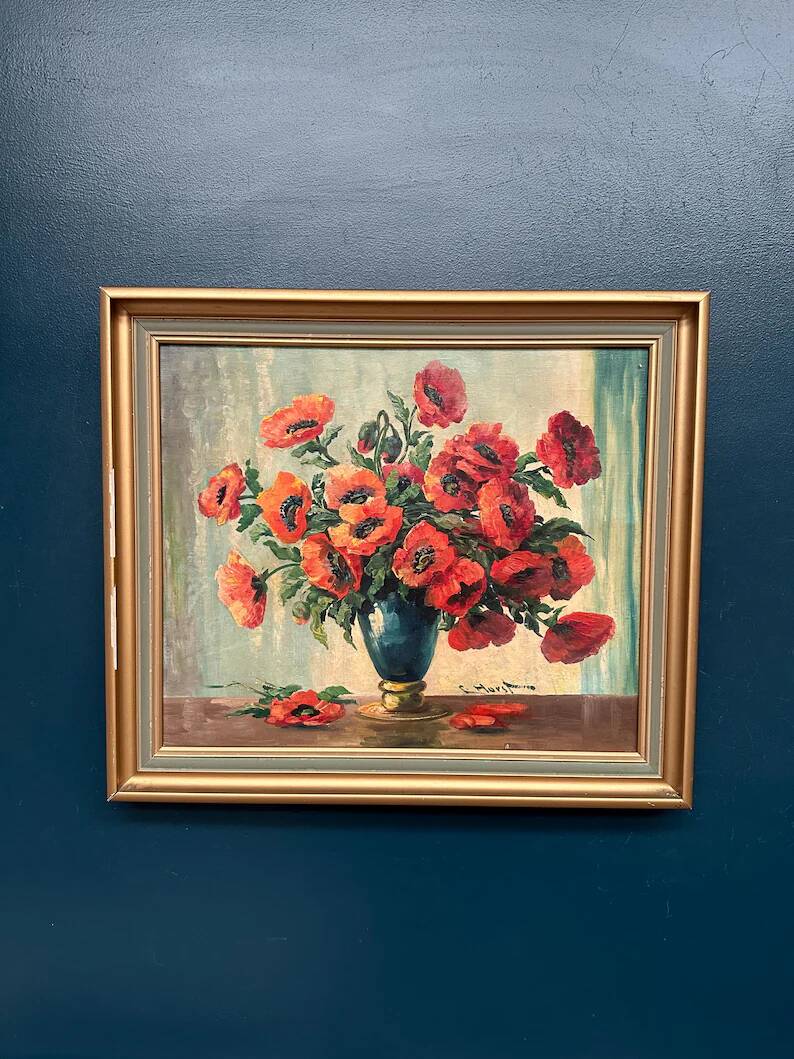Original Swedish Oil on Canvas – "Red Poppies in a Blue Vase" by C. Horst – Signed – Vintage and Framed – 72 × 62 cm (28.3" × 24.4")