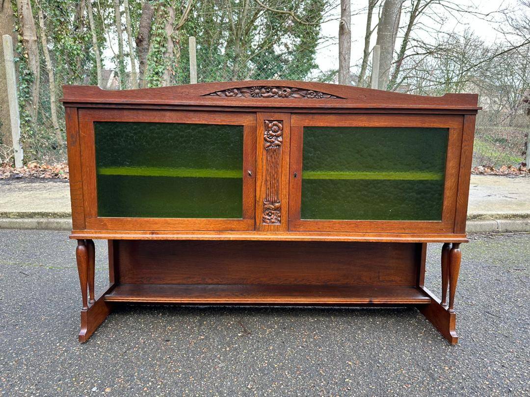 Art Deco sideboard in solid oak and frosted green glass, 1940.
