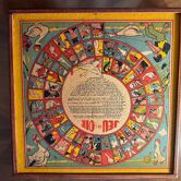 Old game box of goose, trotter, checkers, backgammon